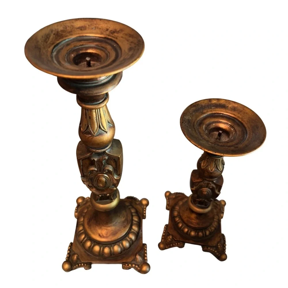 Vtg Bronze Gold Taper Candle Holders Set of 2 Mid Century Modern Boho Home Decor